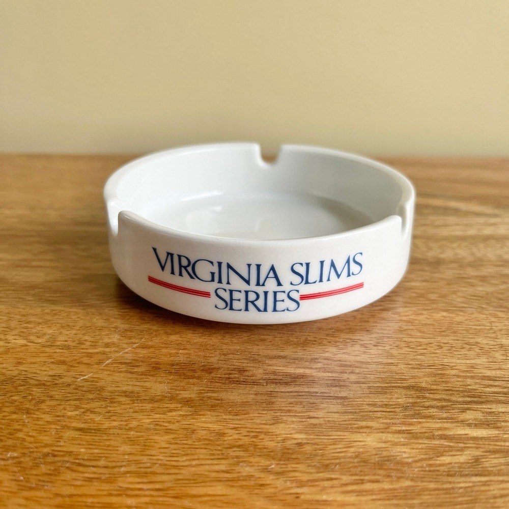 Vintage Virginia Slims Series Ashtray Ceramic Women's Tennis Advertising White
